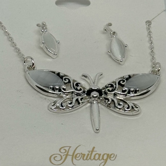 Mixit Silver Tone and Faux Mother of Pearl Dragonfly Pendant Necklace and Earrin - Picture 8 of 10